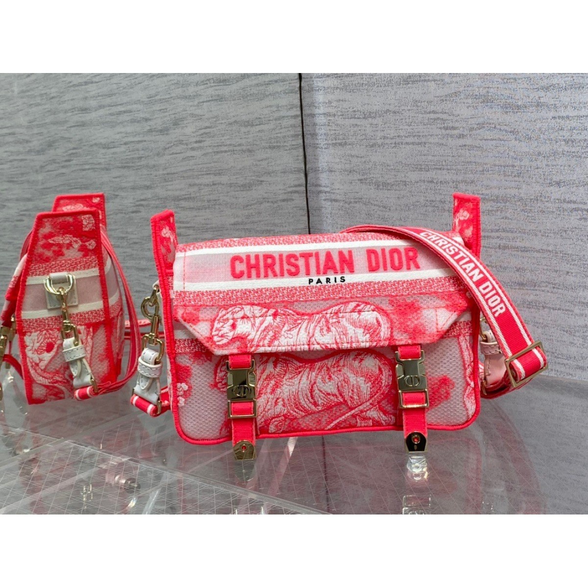 Dior Small Diorcamp Bag In Pink Transparent Toile de Jouy Canvas High Quality Replica